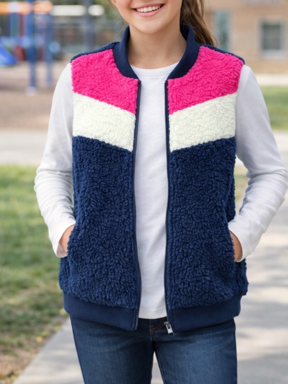 WONDER NATION Girls Sherpa Fleece Vest L 10-12 Plus Pink Navy Colorblock NWOT
